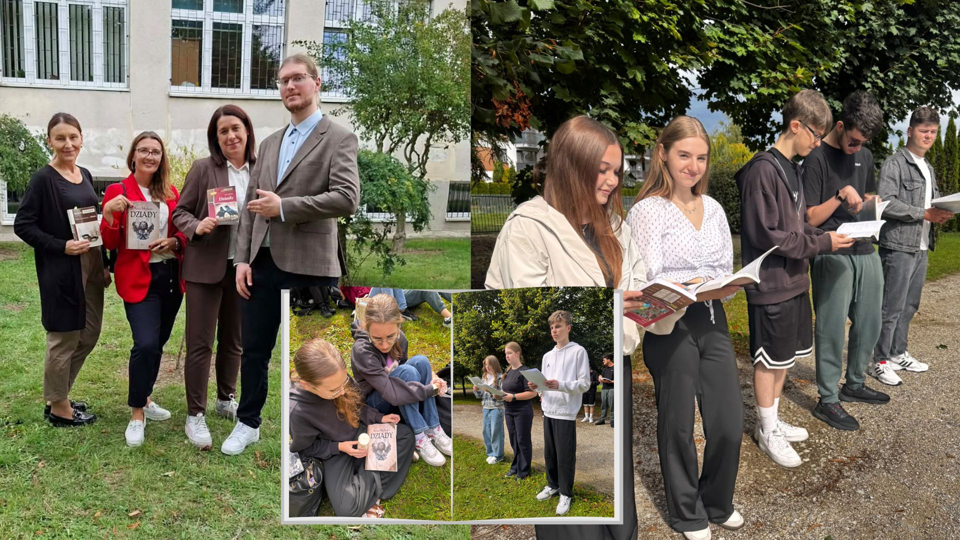 Organizatorzy wydarzenia - nauczyciele języka polskiego (od lewej): Pani Magdalena Kafarska, Pani Dorota Rybicka, Pani Anna Korszla-Mazurek, Pan Jakub Chorób oraz uczniowie biorący udział w Narodowym Czytaniu